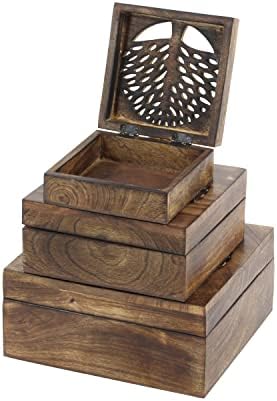 דקו 79 קופסת עץ מעץ בעבודת יד עם מכסה צירים, סט של 3 6 , 8, 10 W, חום