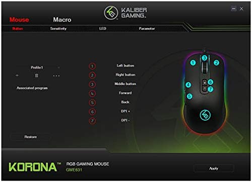 IoGear Kaliber Korona USB Gaming Mouse - RGB - 7 לחצני תכנות - 5000DPI - זיכרון מובנה - GME631