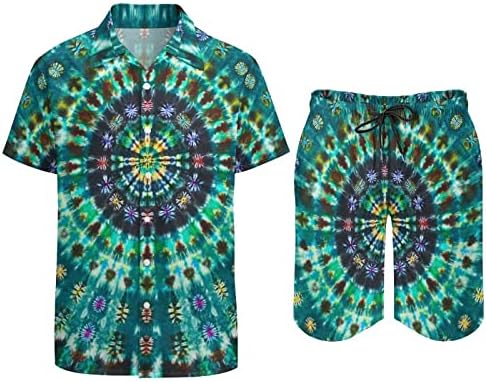 WeedKeycat Mandala עניבה צבע תלבושות חוף לגברים 2 חלקים כפתור הוואי מטה חולצה קצרה שרוול ומכנסיים קצרים.