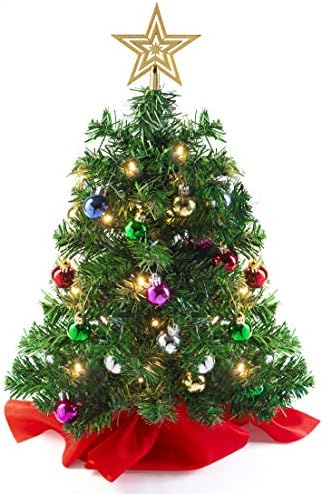 Prextex 22 עץ חג המולד מיני עם אורות קישוטים ומתנות - עץ חג המולד קטן עם אורות קישוטי שולחן חג המולד עץ חג המולד