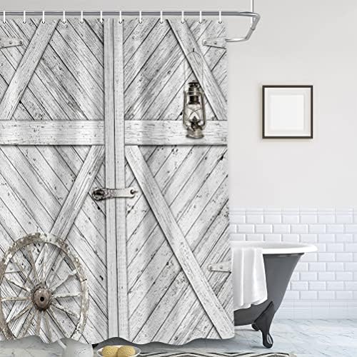 וילון מקלחת דלתות אפור, כפרי בית חווה מערבי כפרי אפור עץ עץ ישן עיצוב בדים וילונות מקלחת לחדר האמבטיה, אביזרי