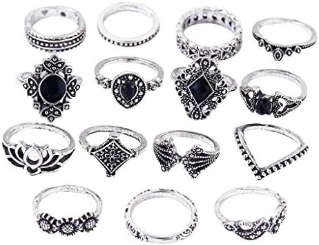 טבעות 15 יחידות לנשים לנשים טבעת אופנה מערכה טבעות אמצע טבעות פרח כתר הולו החוצה טבעת ציפורניים משותפת