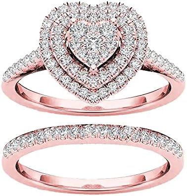 טבעות אירוסין של יהלום זהב ורוד תכשיטי יום הולדת לבב אהבה טבעת נישואין לנשים סט טבעת כלה
