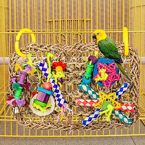 צעצוע של קיר ציפורים, חבל צמת קש חבל תלייה תלויה מטפס על מחצלת ערסל עם צעצועים לעיסה צבעוניים