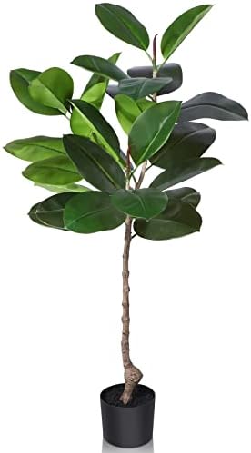 עץ גומי מלאכותי של Kazeila, צמח פיקוס פלסטיק מזויף 4ft, צמח ירוק דמויי עציץ לפני עיצוב בית משרד