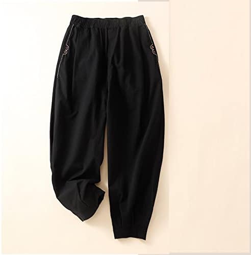 מכנסי פשתן כותנה לנשים אופנה קיץ כפתור רקום מוצק מותניים אלסטיים מכנסיים פשוטים מזדמנים עם כיסים