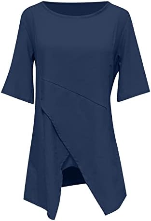 חולצות פשתן כותנה לנשים צוות צוואר צוואר שרוול קצר חולצות טריקו טרנדיות א-סימטריות חולצה מזדמנת קיץ