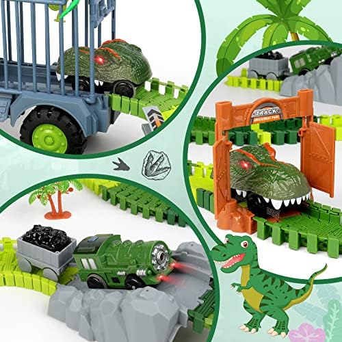 צעצועי דינוזאור של דינוזאורים של דינוזאורים - צעצועים לרכב מירוץ לדינוזאור לילדים עם רצועות דינו גמישות ומכוניות