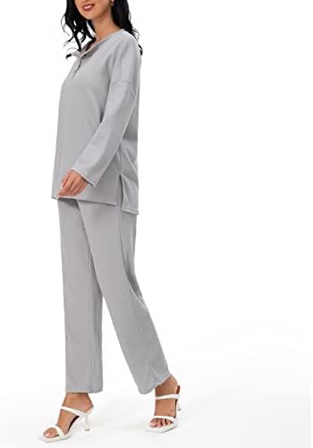 תלבושת תלבושת דו -חלקית של נשים סט שרוול ארוך כפתור V צוואר וופל סרוג סרוג עליון ומכנסי רגל רחבים