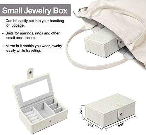 קופסא תכשיטים לנשים בנות עם קטן נסיעות מקרה מראה שרשרת טבעת עגילי ארגונית לבן בצבע עץ