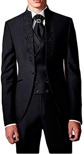 חליפות בגברים שחורים בוטונג 3 חליפות חתונה עם חליפות חתונה עם מג'ט רקמה מכנסיים לחתן חליפות מסיבות טוקסידו