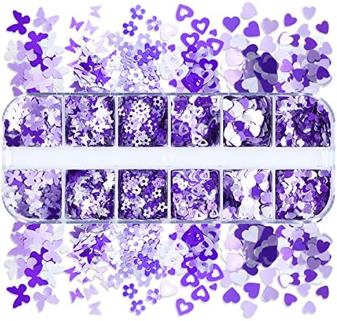 נייל ארט גליטר פאייטים, סגול ולבן 3 ד גליטר נייל פתיתי עיצובים, אהבת לב פרחי פרפרים אקריליק ציפורניים
