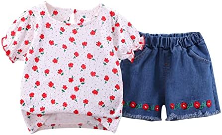 XBGQASU פעוט ילדים ילדים בנות בגדים שרוול קצר הדפס פרחוני חולצה טופ ג'ינס מכנסיים קצרים 2 יחידות תלבושות סט אופי
