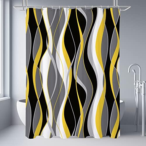 וילון מקלחת שחור וצהוב של גיבלה, אביזרי עיצוב אפור וצהוב מודרניים ומודרניים, אריגת וופל מארגת מרקם
