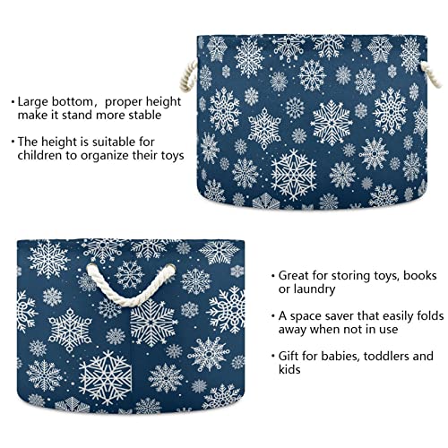 קיגאי חורף כחול שלג כחול חג המולד סל אחסון עגול גדול עם ידית, סלי כביסה דקורטיביים מתקפלים לשמיכה, מארגן