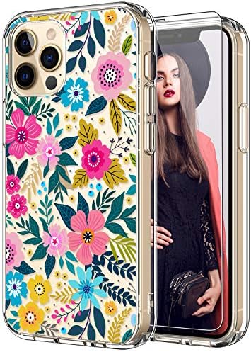 ICEACEIO למארז iPhone 12, מארז Pro של iPhone 12 עם מגן מסך, ברור עם דפוסי פרחים פורחים צבעוניים