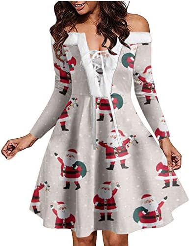 שמלות חג מולד לנשים שמלת צינור סטרפלס הדפס פתית שלג תחרה סקסית למעלה V צוואר וינטג 'שמלת התלקחות