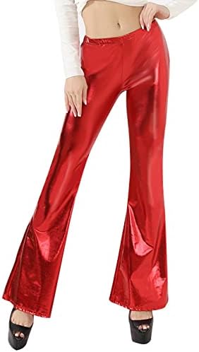 מכנסי מתכת מתכת נוצצים של נשים מותניים גבוהים פעמון נמתח תחתון מכנסי רגל רחבים מכנסיים מכנסיים פשתן נשים