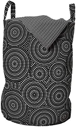 שק כביסה שחור ולבן אמבסון, עיגולים מנוקדים קונצנטריים בהשראת אמנות אבורגינית אוסטרלית, סל סל עם