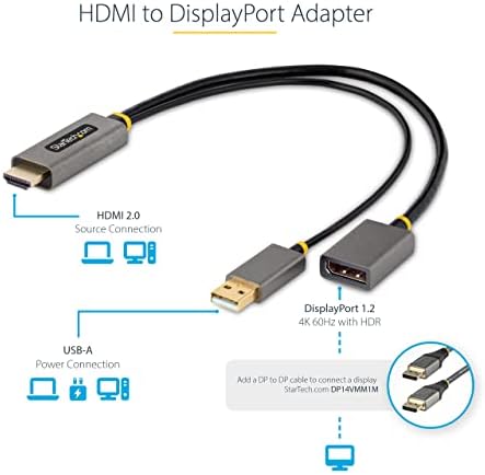 Startech.com 1ft hdmi לכבל מתאם DisplayPort, פעיל 4K 60Hz HDMI 2.0 לממיר DP 1.2, HDR, מופעל על אוטובוס