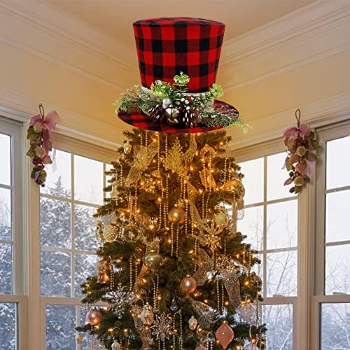 כובע טופר עץ חג המולד של פרסילדן, אדום שחור משובץ באפלו משובץ בדוק כובע עליון עם גרגרי חרוט אורן מלאכותיים,