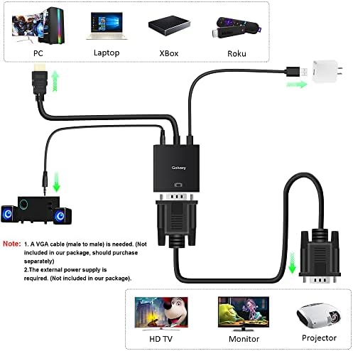 Golvery HDMI לממיר VGA, 1080p HDMI למתאם VGA עם מיקרו USB ו- 3.5 ממ כבל שמע לשולחן העבודה, PC, מחשב נייד, Raspberry