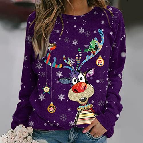 סוודר חג מולד מכוער של נשים מצחיק איילים חמודים הדפס חולצות שרוול ארוך סתיו סווטשירט סווטשירט