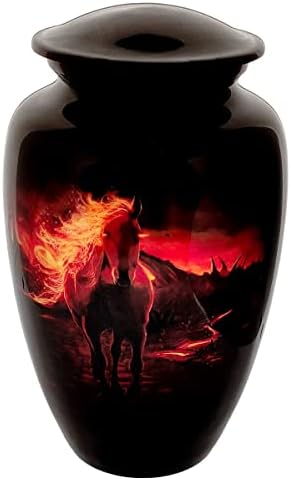 מיכל זיכרון של Urn Urn - עם עבודות סוסים ואמנות אש מקסימות. גודל גדול 26 סמ גבוה,