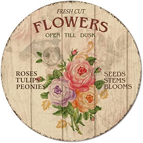 לוחית פח עגולה לוחית פרחים טריים פרחים חותכים שוק ורדים צבעונים פריחת זרעים דלת במצוקה שלט קיר וינטג