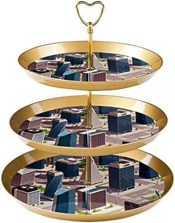 תצוגה למאפה עם 3 מגש הגשה עגול, בעיר, מבנים מודרניים מחזיק עץ מגדל קאפקייקס, קינוח עמדת תה עמדת עוגת עוגת