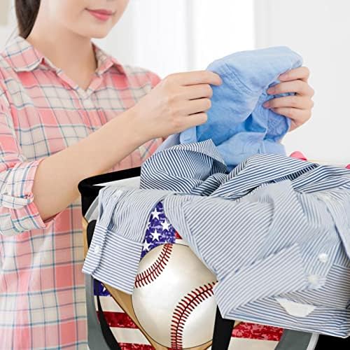 בייסבול עם דפוס דגל אמריקאי הדפס סל כביסה מתקפל, סלי כביסה עמידים למים 60 ליטר אחסון צעצועי כביסה לחדר