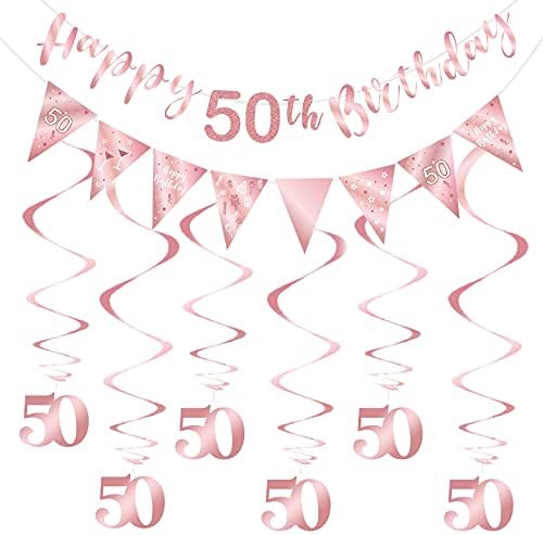 עלה זהב 50 יום הולדת קישוט עבור בנות, שמח 50 יום הולדת באנר באנטינג מערבולות, משולש דגל באנר עבור 50
