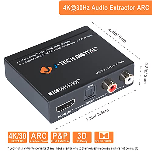 J-Tech דיגיטלי 4K30 HDMI Audio Extractor HDMI ARC ממיר SPDIF + RCA פלט HDCP1.4 תואם ל- DOLBY DIGITAL/DTS CEC
