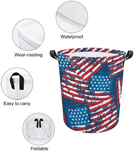 במצוקה גראנג ' אמריקאי דגל סלי כביסה עם ידיות עמיד למים מתקפל עגול בגדי סל אחסון ארגונית