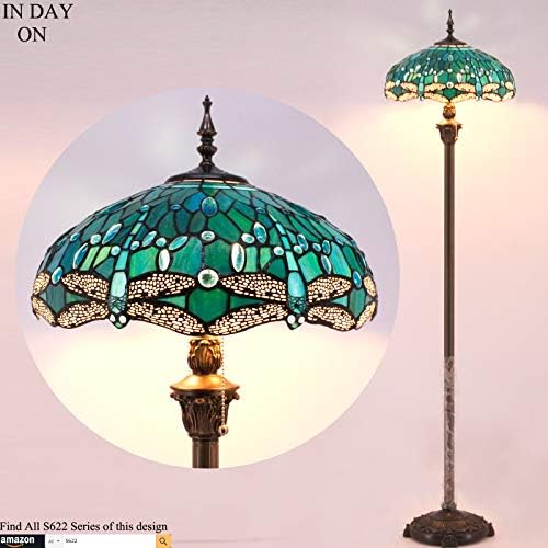מנורת רצפה טיפאני שפירית זכוכית צבעונית ירוקה עומדת קריאת אור 16 על 16 על 64 אינץ ' מנורת פינת מוט עתיקה עיצוב