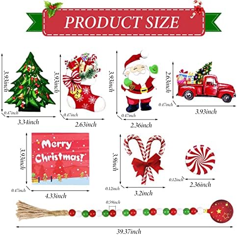 11 יחידות קישוטים לחג המולד מקורה קישוטי מגש שכבות - קני ממתקים שלטי עץ, משאית אדומה חרוז עץ גרלנד סנטה קלאוס