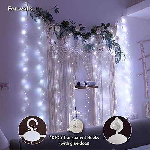 ברוקי וילון לבן אורות פיות עם מרוחק לחדר שינה, 300 LED 8 מצבים תקע USB תליית נצנוץ אורות מיתר לחתונה