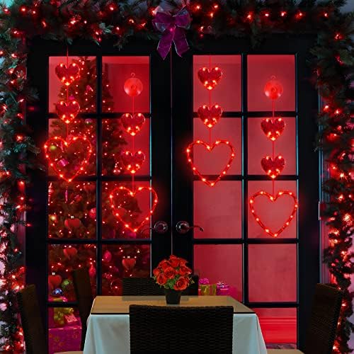 3 מארז חג אהבת חלון אורות קישוטים, סוללה מופעל חג אהבת חלון תליית אדום מחרוזת מואר לב בצורת פרייר