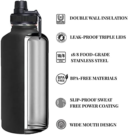 בקבוק מים מבודדים בוואקום עם קש, ידית Paracord & 3 מכסים, נושאים כיס BPA קיר כפול קיר נירוסטה כד מים