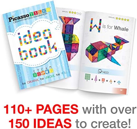 Picassotiles 60pc אריחים מגנטיים + חבילה של ספרי רעיון, מעל 150+ רעיונות 110 עמודים של יצירות