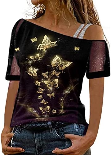 נשים טי טריקו חולצות חולצות חולצות קצרות שרוול עצום מהדפס פרפר רופף טלאי רשת רופף טי טק 2023 4H