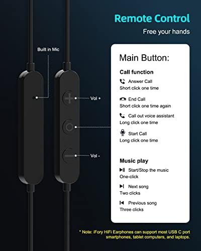 אוזניות IFory USB C, STEREO STEREO מסוג C אוזניות אוזניות סטריאו אוזניות אוזניות USB C עם מיקרופון