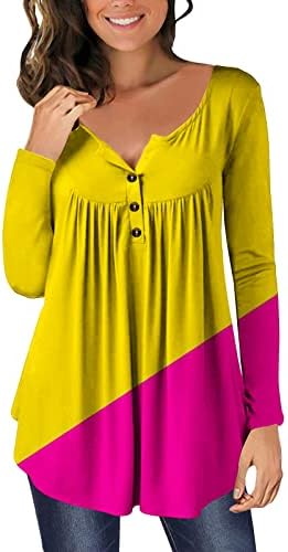 צמרות לבושות לנשים Colorblock קפלים על צווארון V טוניקה עליונה שרוול ארוך כפתור פתוח רופף חולצה חולצה טוניקה