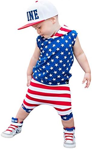 תינוק פעוטות לוטוסית ילד תלבושות רביעי ביולי תלבושות כוכב מכנסיים מפוספסים 2 יחידות רביעי ביולי בגדי קיץ כחולים