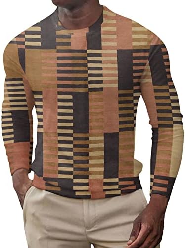 חולצות טריקו וינטג 'של XXBR לגברים, סתיו שרוול ארוך רטרו רטרו גיאומטרי אצטק בוהו הדפס דק צוואר צוואר צוואר צוואר