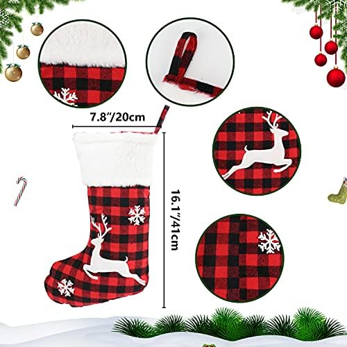 4 חבילות גרב גדול לחג המולד, 18 אינץ 'אדום שחור שחור משובץ חג המולד גרביים אח תלייה גרביים למשפחה כפרית
