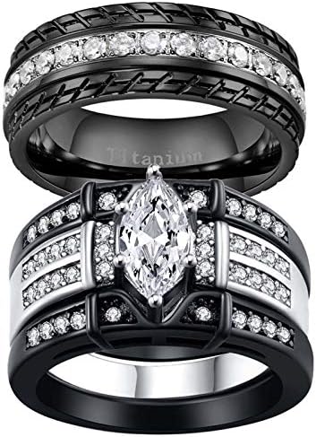 טבעת לב 2 טבעות שחורות שלו ושלה טבעת טבעות זוג המרקיזה לחתוך נשים חתונה טבעת סטי טיטניום פלדה גברים חתונה