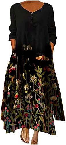 שמלת קז ' ואל קיץ 2023 נשים בוהו הדפס פרחוני צווארון 3/4 שרוול שכבות מקסי שמלת חוף אלגנטית עם כיס