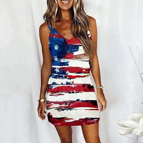 4 ביולי שמלה לנשים קיץ ארה ב דגל טנק שמלה עם כיסים אלסטי מותניים ספגטי רצועת צווארון מיני שמלה קיצית