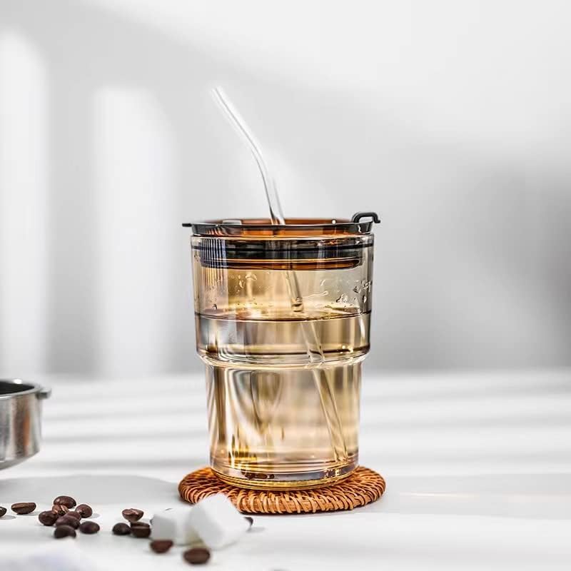 Baobaolong כוס מים כוס מים עם מכסה וקש, כוס כוס קפה קפה קרח דליפה עם כיסוי כוס עור למשקאות